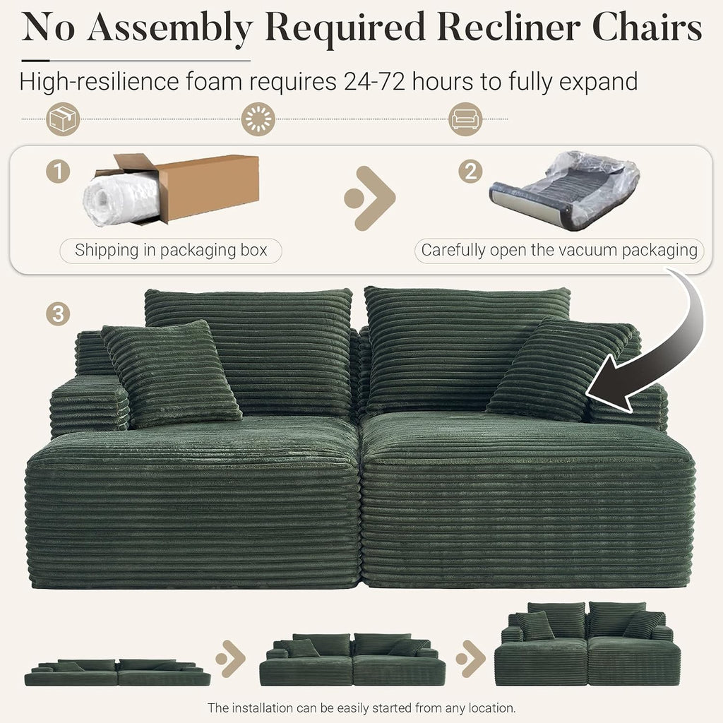 80" Boneless Chaise Lounge Chair Indoor, Double Chaise Lounge Chairs Indoor,Boneless Loveseat Chairs with Comfort Corduroy, No Assembly Required/40D Memory Foam/Living Room/Bedroom (Green)