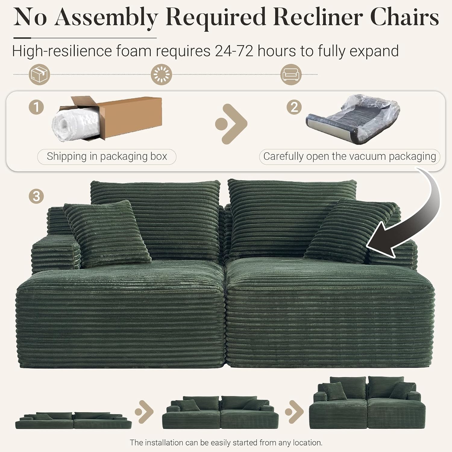 80" Boneless Chaise Lounge Chair Indoor, Double Chaise Lounge Chairs Indoor,Boneless Loveseat Chairs with Comfort Corduroy, No Assembly Required/40D Memory Foam/Living Room/Bedroom (Green)