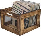ARTAWEIN Vinyl Record Storage Crate, Wooden Record Holder for Albums - Holds up to 80-100 LPs, Rustic Vintage Style Organizer Box with Handles, Easy Assembly Display for Music Room & Office