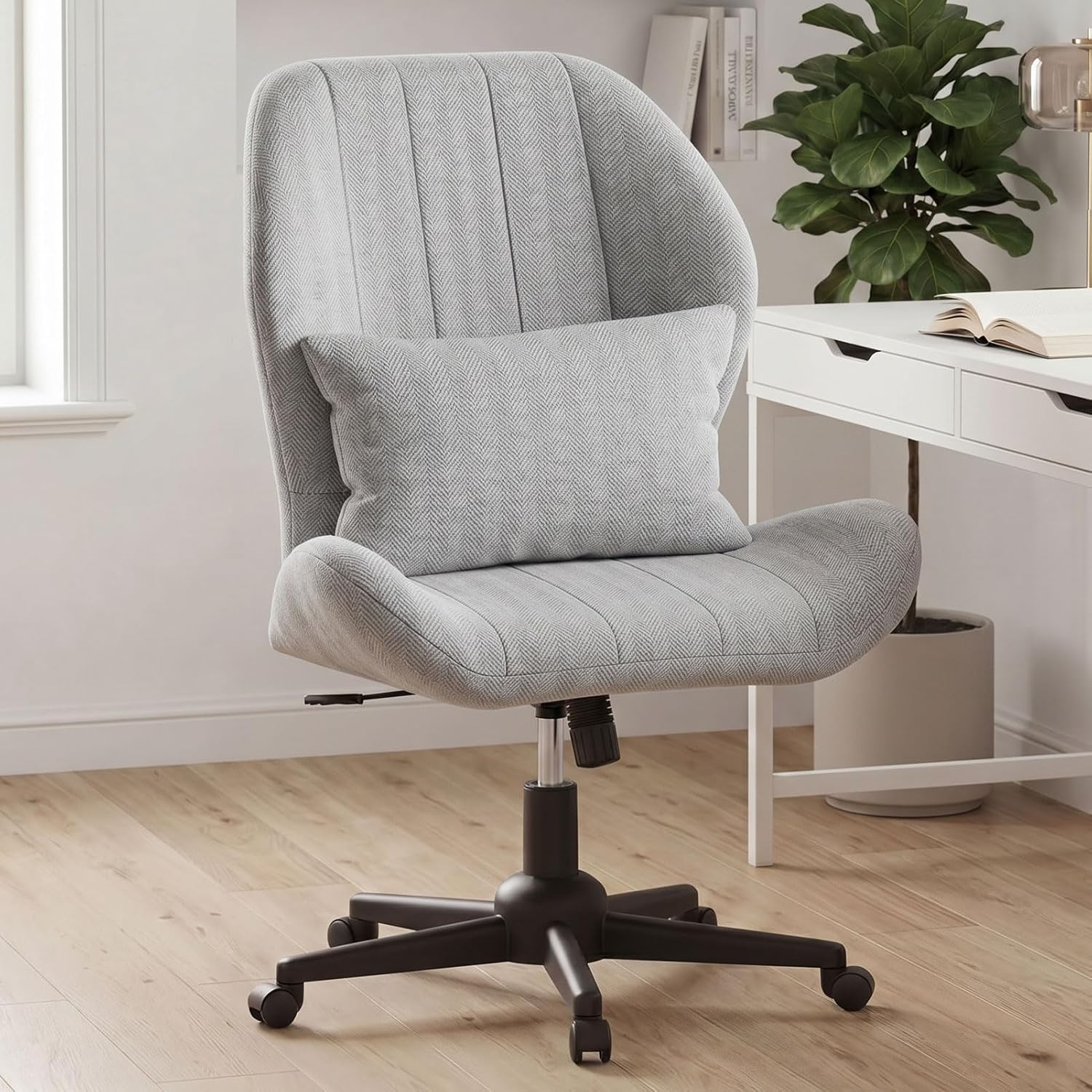Criss Cross Chair with Wheels, Wide Cross Legged Chair with Lumbar Pillow & High Back, High-Density Foam Seat, Wing-Shaped Design for Home Office Desk Vanity Gray