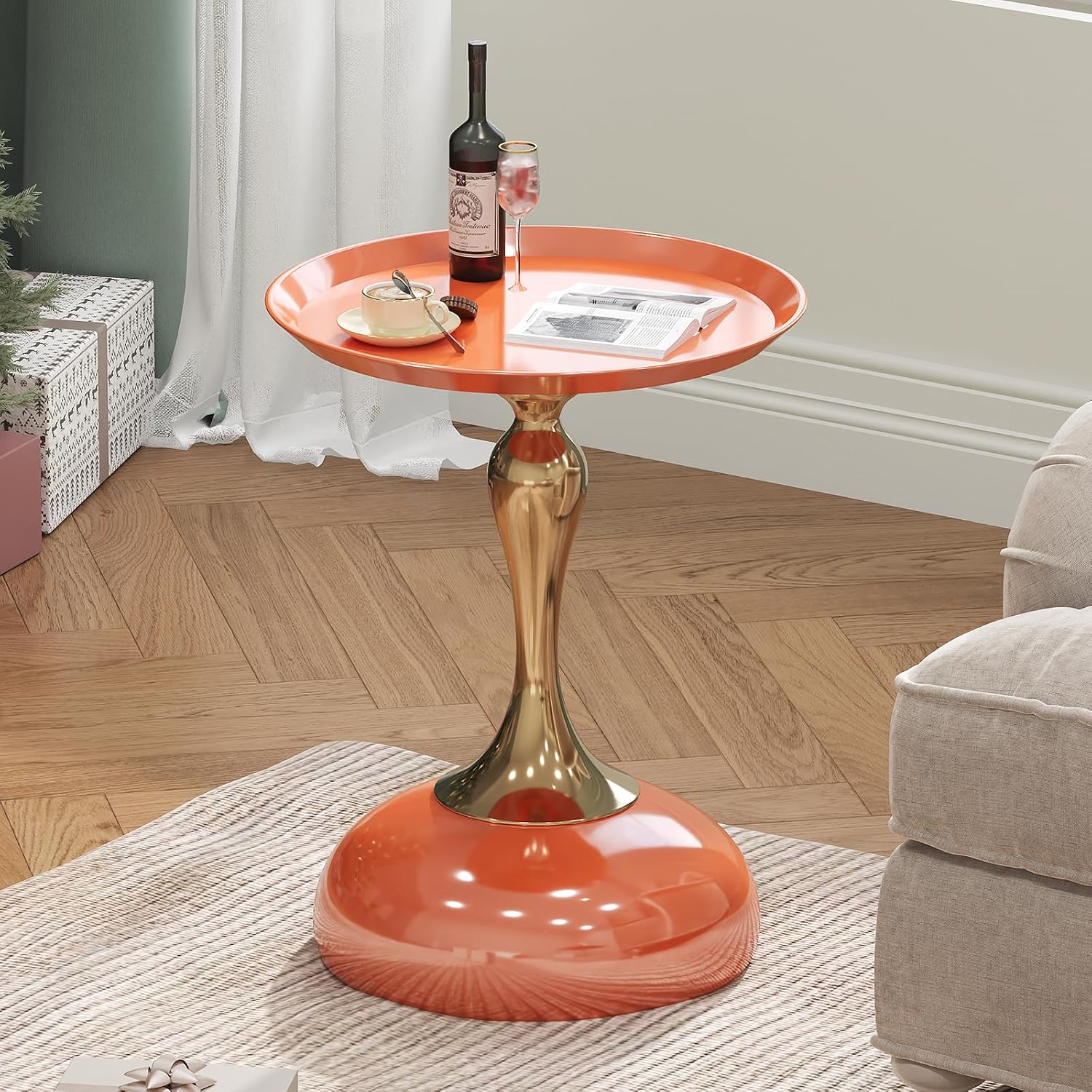 2-Pack Hermes Orange Sleek Hourglass Side Table - Glossy Finish & Metallic Accent | Contemporary End Table for Living Room & Home Decor Spaces