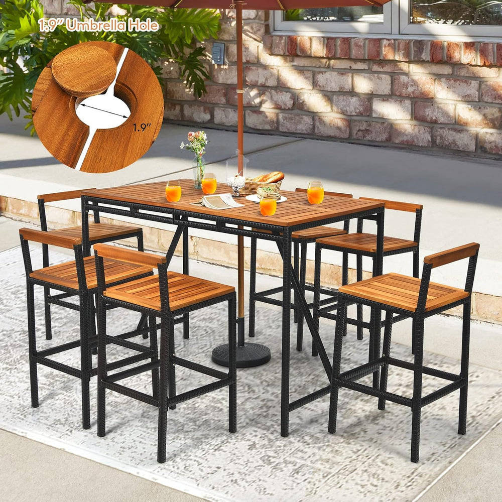 Tangkula 7-Piece Acacia Wood Bar Set with Patiojoy Outdoor Rattan High-Dining...