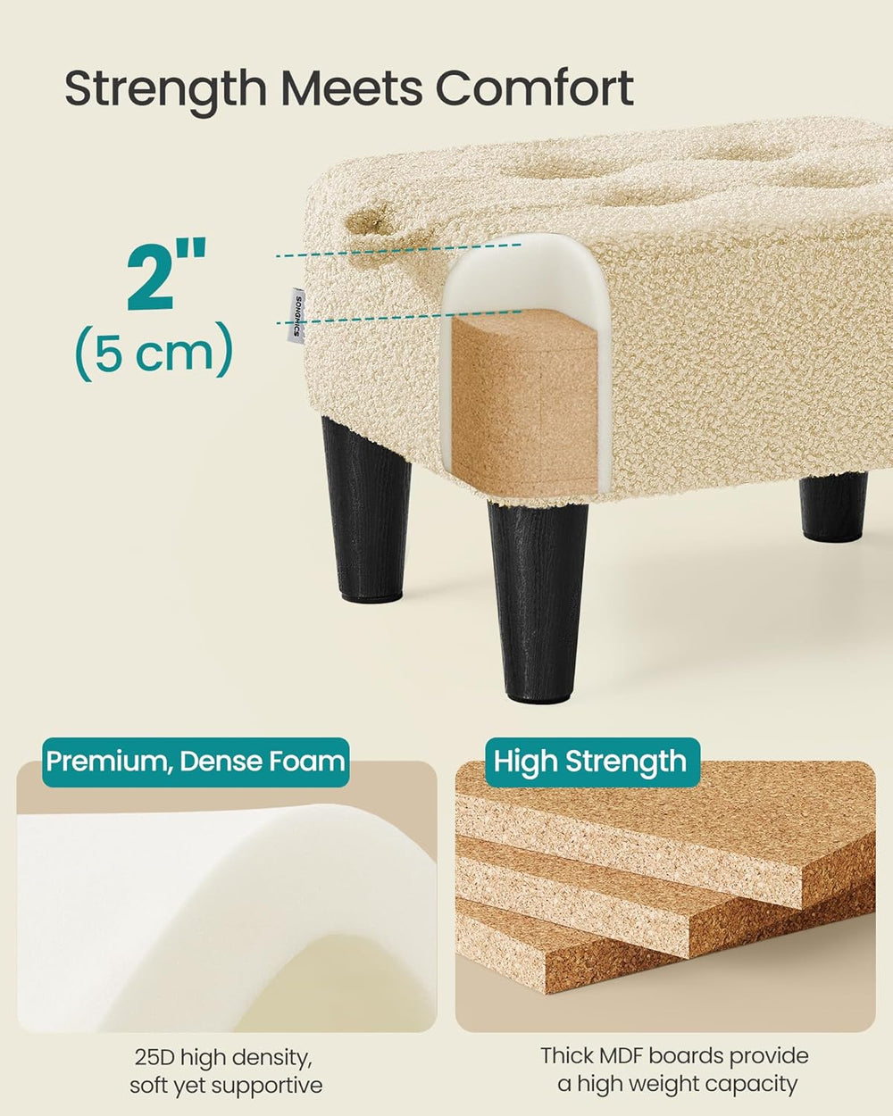 SONGMICS Foot Stool, Small Teddy Fleece Footstool Ottoman with Thick Cushion ...