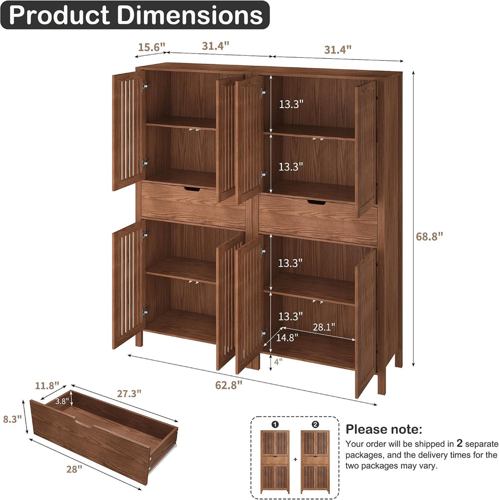Set of 2 Pantry Cabinet, 69" Tall Freestanding Storage Cabinet with Louv...