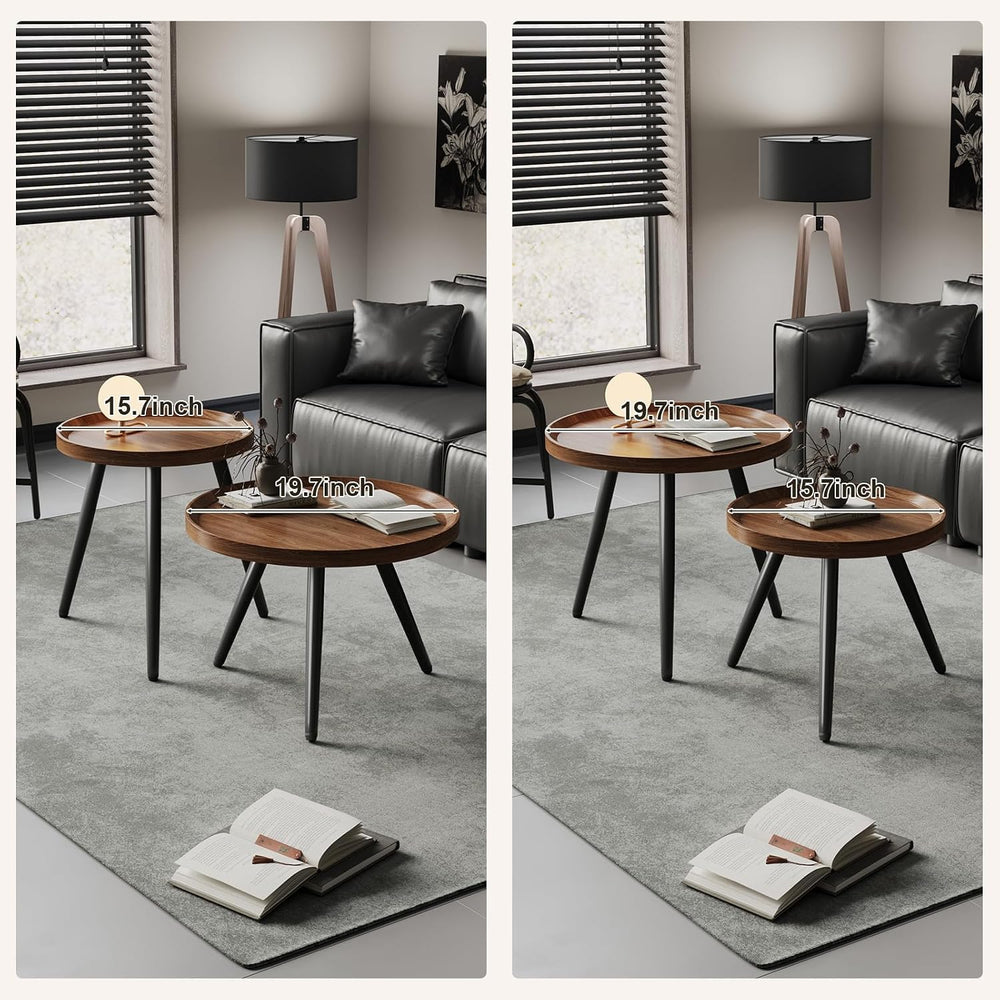 2PCS Small Round Coffee Table Set, Walnut Mid Century Modern Nesting Tables |...