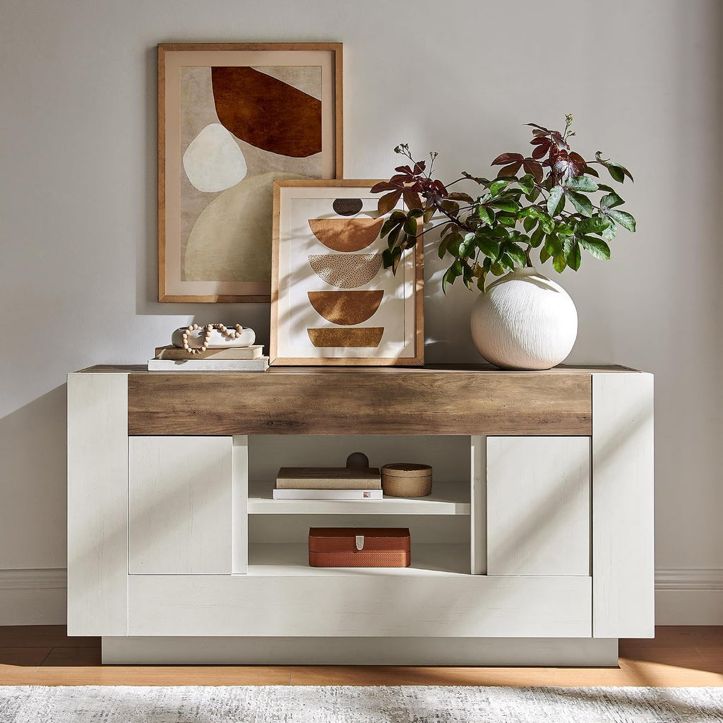 OKD 55" TV Stand for 65" TV, Thick Block Media Console, Antique White | Open Storage, Side Cabinets, Soft Close Door, Cable Management, Modern Entertainment Center for Living Room, Bedroom