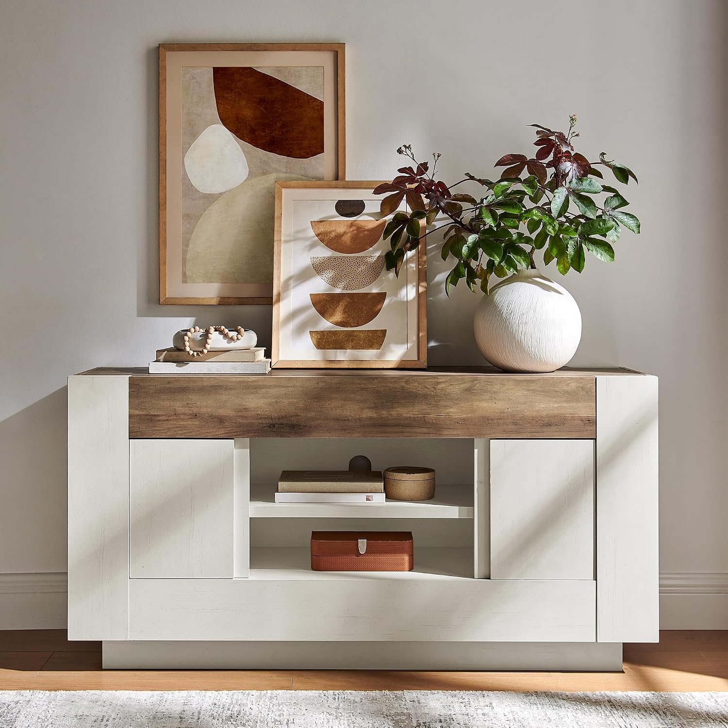OKD 55" TV Stand for 65" TV, Thick Block Media Console, Antique White | Open Storage, Side Cabinets, Soft Close Door, Cable Management, Modern Entertainment Center for Living Room, Bedroom