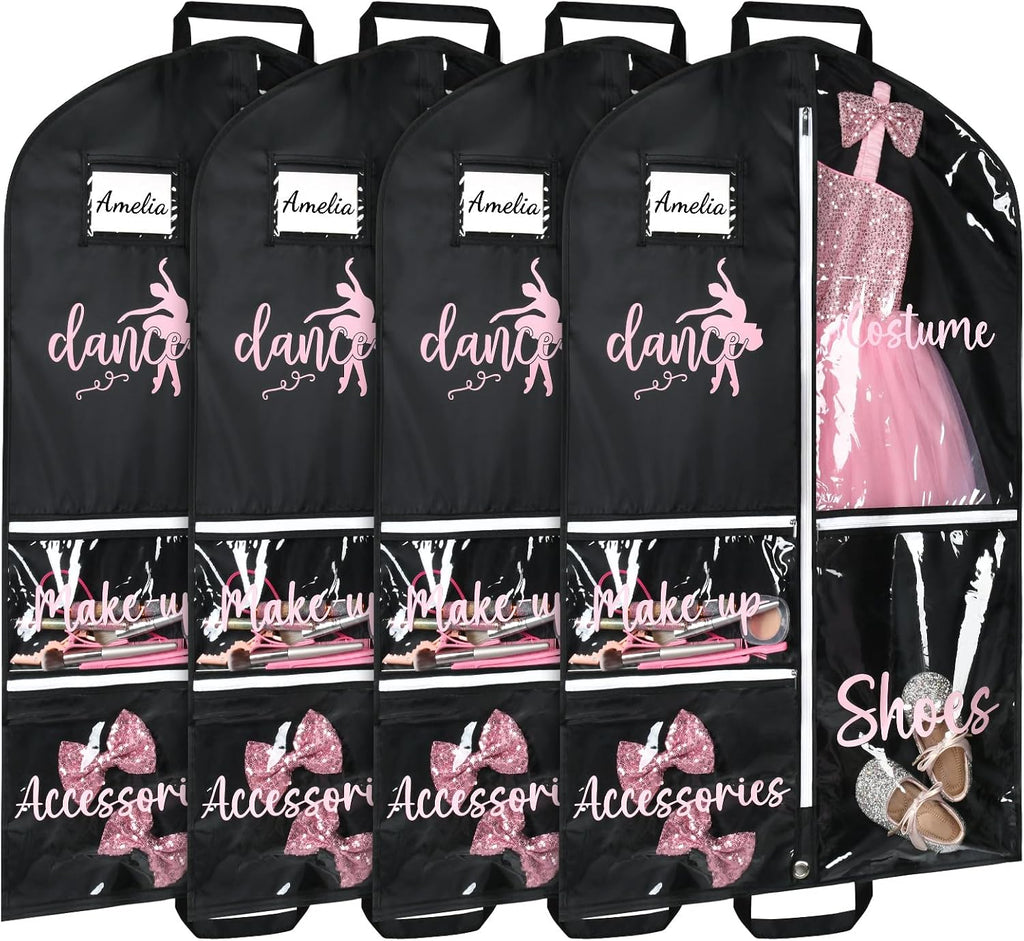 DEEKA 4 Pack Dance Garment Bag for Hanging Clothes with Zipper Pockets Dance Accessories Essentials Uniform Costume 40 Inch Dress Bags for Dance Competition Girls (Black,Pink)