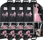 DEEKA 4 Pack Dance Garment Bag for Hanging Clothes with Zipper Pockets Dance Accessories Essentials Uniform Costume 40 Inch Dress Bags for Dance Competition Girls (Black,Pink)