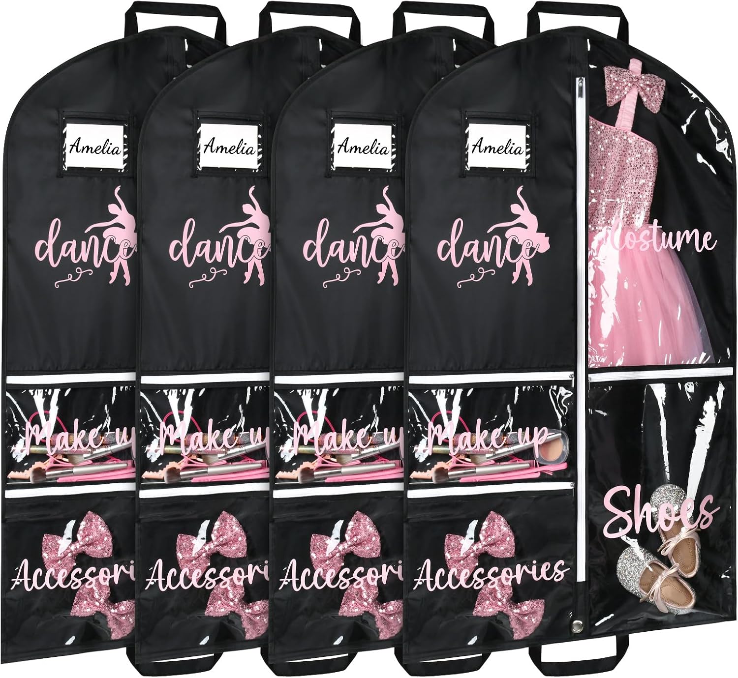 DEEKA 4 Pack Dance Garment Bag for Hanging Clothes with Zipper Pockets Dance Accessories Essentials Uniform Costume 40 Inch Dress Bags for Dance Competition Girls (Black,Pink)