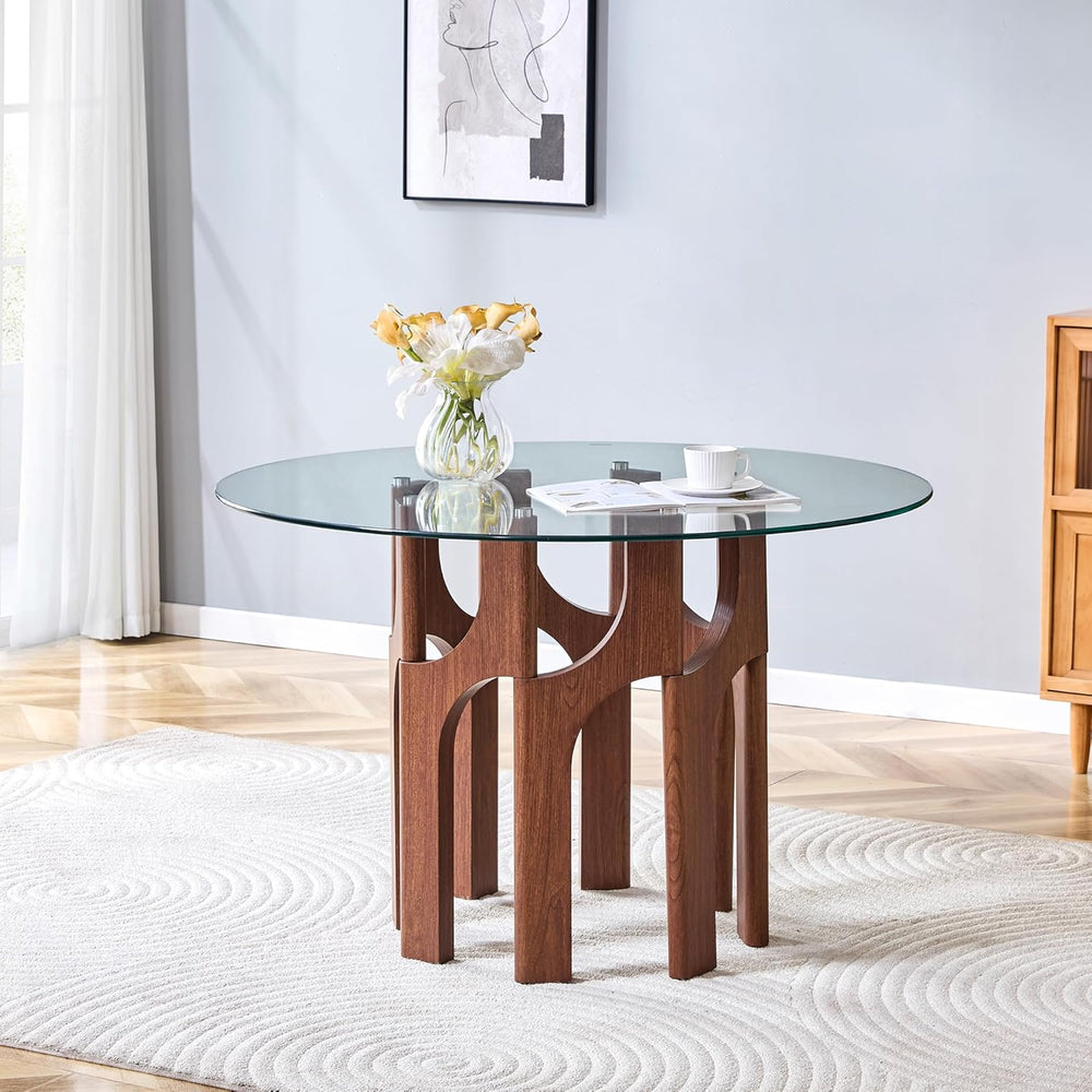 46" Round Tempered Glass Dining Table for 4-6, Mid-Century Modern Glass ...