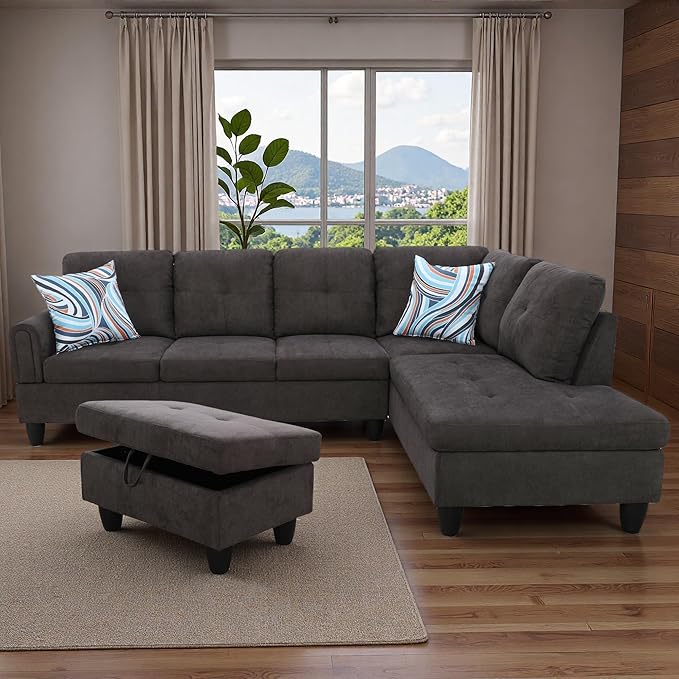 Sectional Couches for Living Room with Movable Chaise & Storage Ottoman - 97.5" Linen L Shaped Couches for Living Room Apartment, 4 Seat Home Furniture Modular Sectional Sofas, Dark Brown