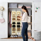 Hanging Shoe Organizer for Closet with 8 Shelves,Mesh Pockets-Wider Hanging Shelves for Shoes,Clothes,Hats with Sturdy Bamboo-Supported Design (Beige)