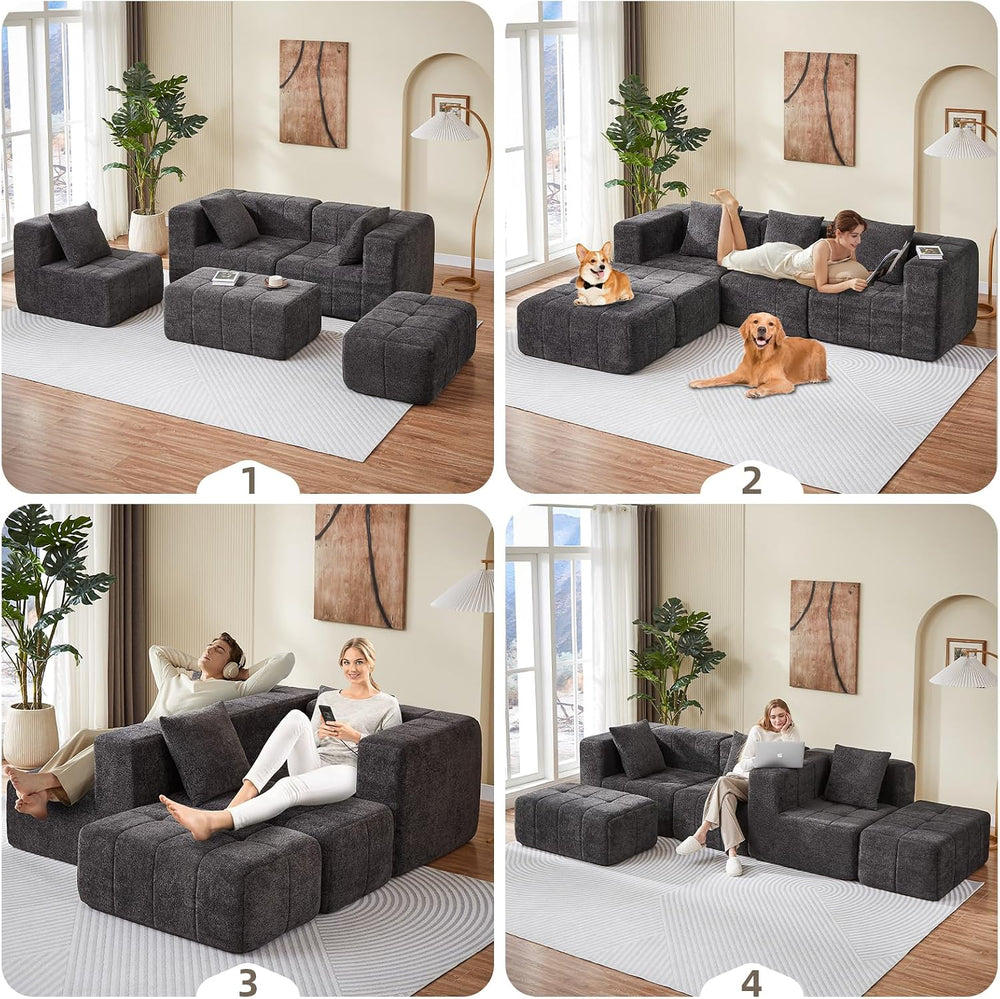 Modular Sectional Sofa with Deep Seat, Cloud Couch with 2 Movable Ottoman, No...