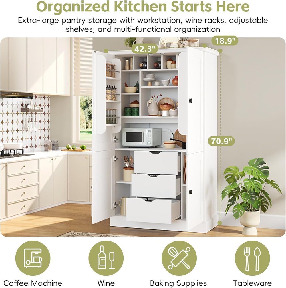 70.9" Tall Kitchen Pantry Cabinet with 4 Doors 3 Drawers 6 Wine Racks &a...