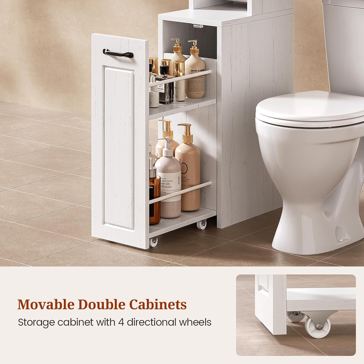 Farmhouse Over The Toilet Storage Cabinet with Pulley Small Bathroom Storage Cabinet, Space Saver W/Adjustable Shelf & Open Shelf for Bathroom, Restroom, Laundry (White Brown-Type B)