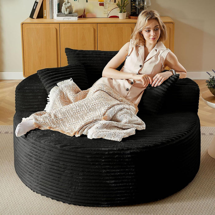 LUCKHAO 55'' Oversized Round Lounge Chaise Chair, Corduroy Upholstered Indoor Chaise, Cloud Circle Sleeper Sofa Bed for Reading, Living Room, Bedroom, Apartment, No Assembly Required, Black