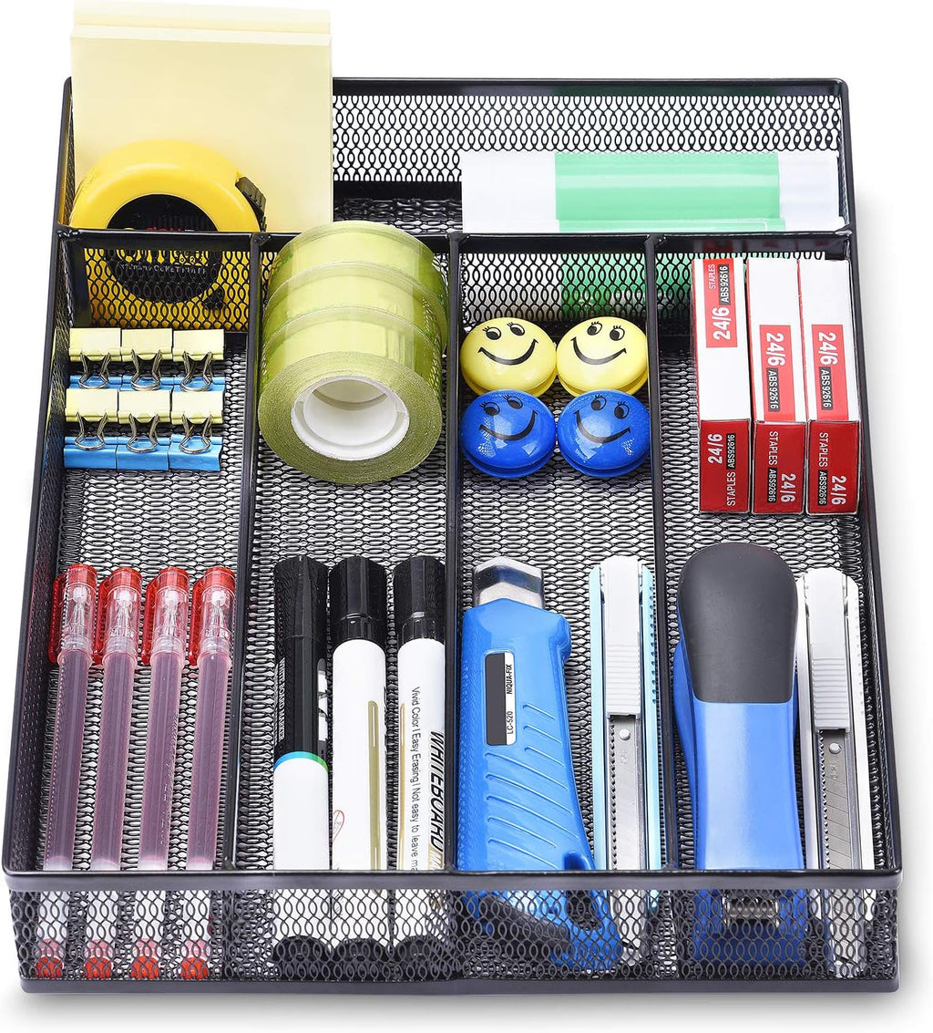 WuGeShop Office Desk Drawer Organizer, 5 Compartments Mesh Drawer Organizer Tray for Storage Art Supplies, Stationery, Black
