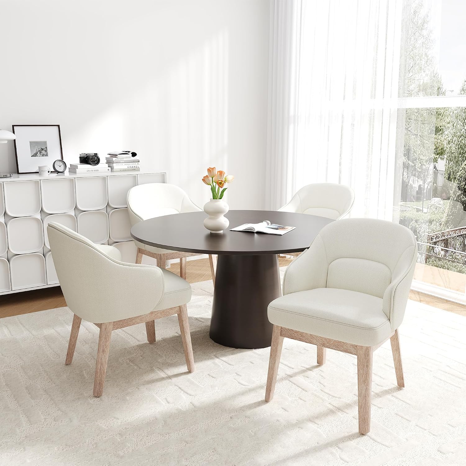MALOL Dining Chairs Set of 4 with Lumbar Support,Fabric Upholstered Kitchen Chairs with Wooden Legs,Beige