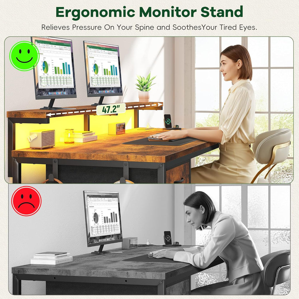 47.2 Inch Office Desk with Power Outlet & Ergonomic Monitor Stand,Gaming Desk with CPU Stand& LED Lights,Computer Desk with Drawer for Home Work,Study Redroom and Gaming,Small Spaces,Rustic Brown
