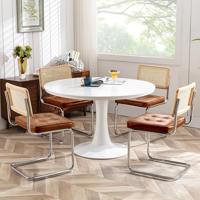 Zesthouse Natural Rattan Dining Chairs Set of 6, Modern Dining Room Chairs with Solid Wood Back for Kitchen Living Room, Mid Century Breuer Design Inspired, Upholstered Faux Leather Brown