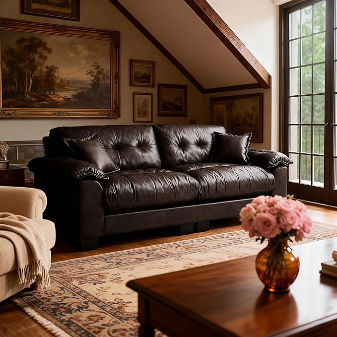 Faux Leather Sofa, Mid Century Modern Leather Upholstered Deep Loveseats, Comfy Cloud Couch, Tufted Pillow Top Arm Furniture for Living Room, Apartment, Chocolate