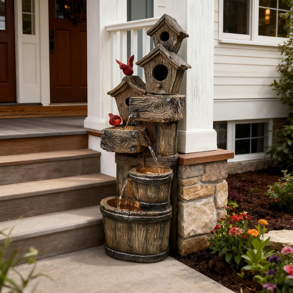 35" Tall Outdoor 4-Tier Birdhouse Floor Standing Water Fountain