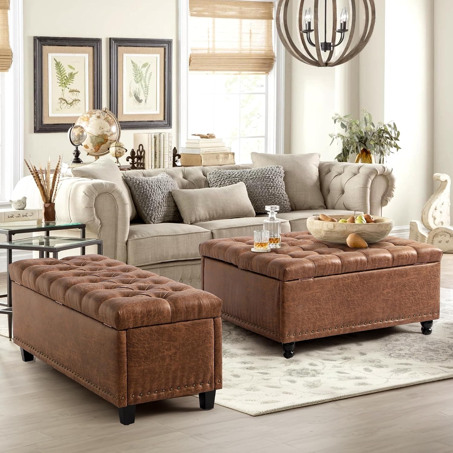 Grepatio Storage Ottoman Bench for Bedroom - 51" Tufted End of Bed Storage Benches with Foot - Upholstered End of Bed Bench - Large Rectangular Bed Ottoman Benches for Living Room Bedroom (Brown)