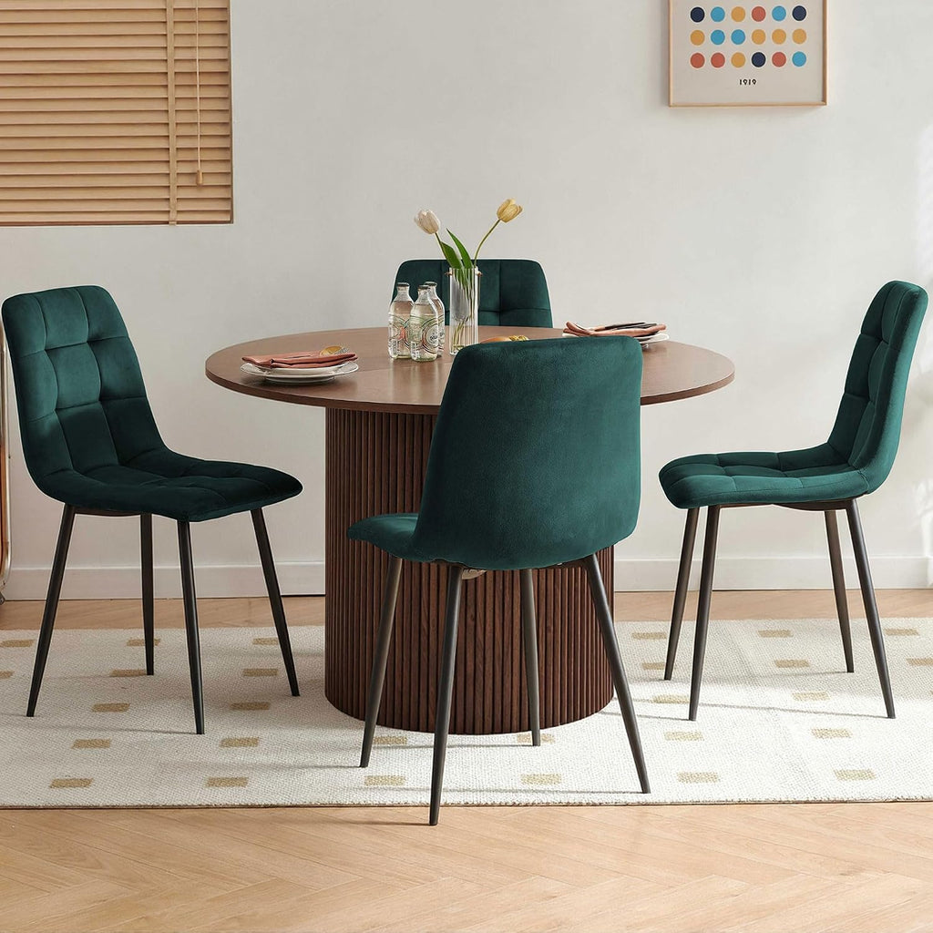 Homedot 5 Pieces Dining Table Set for 4, Rustic Round Dining Table Fluted with Velvet Dining Chairs Upholstered, Walnut Kitchen Table & Green Chairs Set for Living Room, Dining Hall