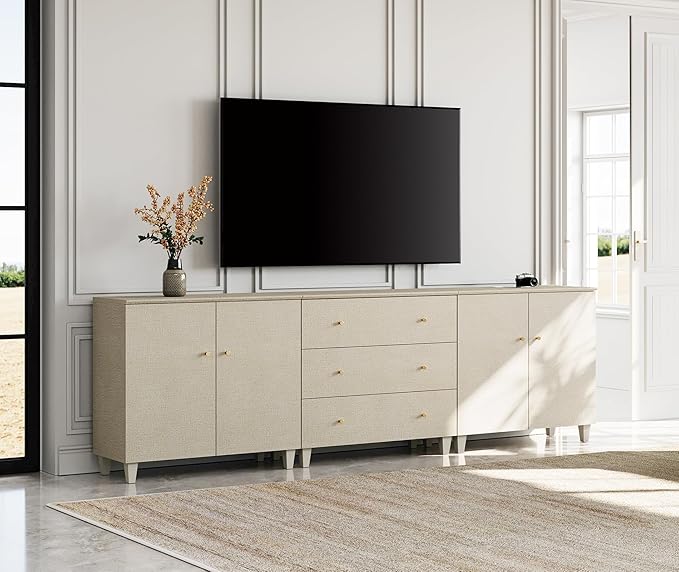 WAMPAT TV Stand Cabinets for 100+ Inches TVs, 3-in-1 Wood Media Console Table with Doors and Drawers, Modern Highboy Entertainment Center with Storage for Living Room Bedroom, Beige Linen