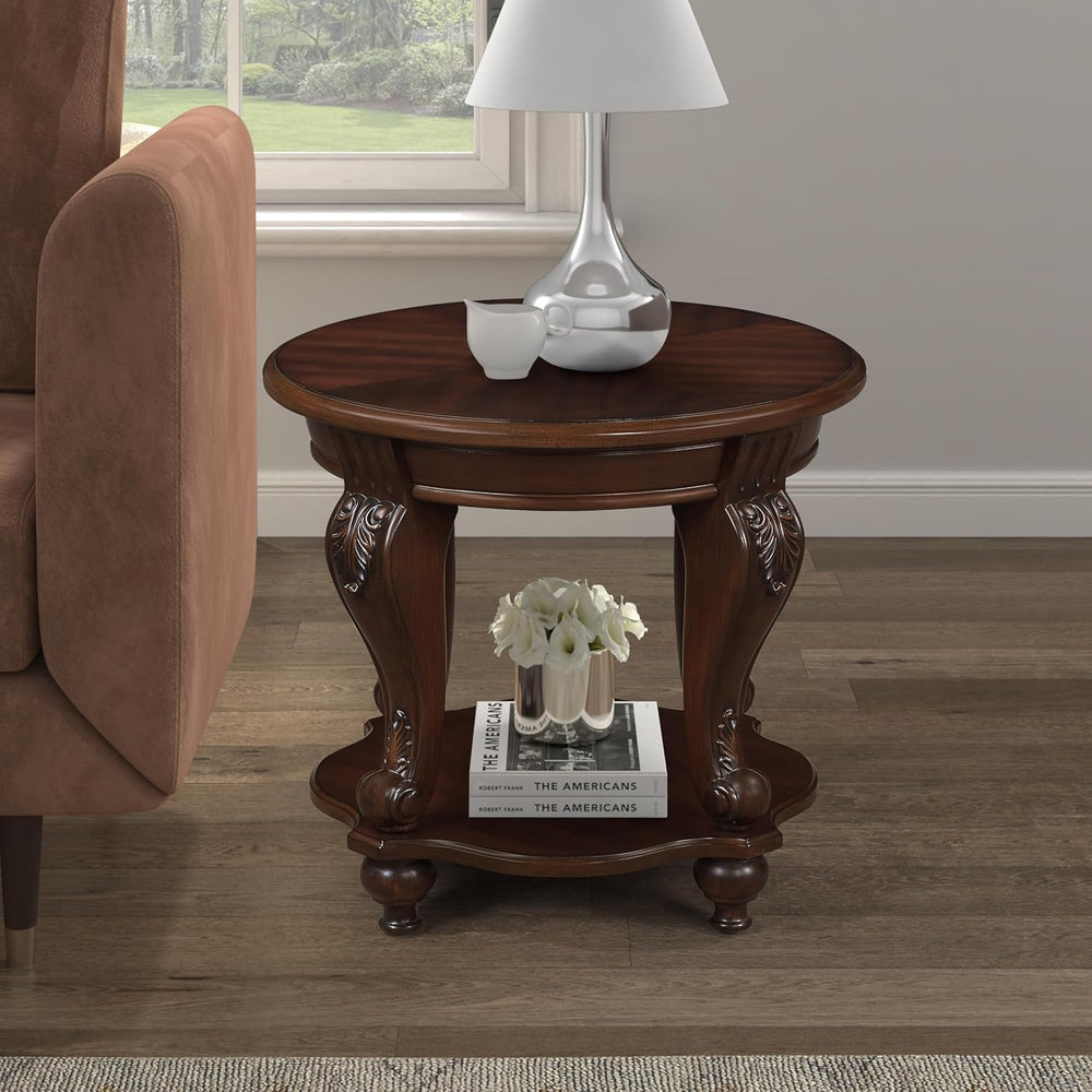 JIJIWANG Wood Round Sofa Table with Antique Carved Legs Oval End Table with B...