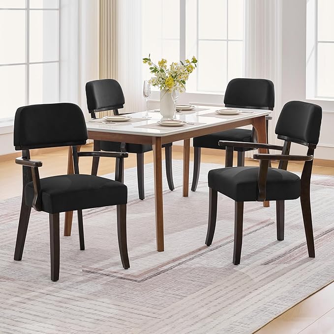 Velvet Dining Chairs with Arms Set of 2, Upholstered Dining Room Chairs with Hardwood Legs & Open Curved Backrest,Modern Accent Kitchen Chairs 350 LBS Capacity, Black