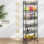 6 Tier Slim Storage Cart, Narrow Cart with Wheels, Metal Mobile Shelving Unit Organizer for Kitchen, Bathroom, Laundry Room, Living Room & Narrow Spaces, Black, 6in(W)