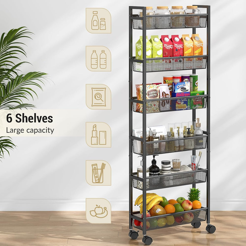 ThreeHio 6 Tier Slim Storage Cart, Narrow Cart with Wheels, Metal Mobile Shel...