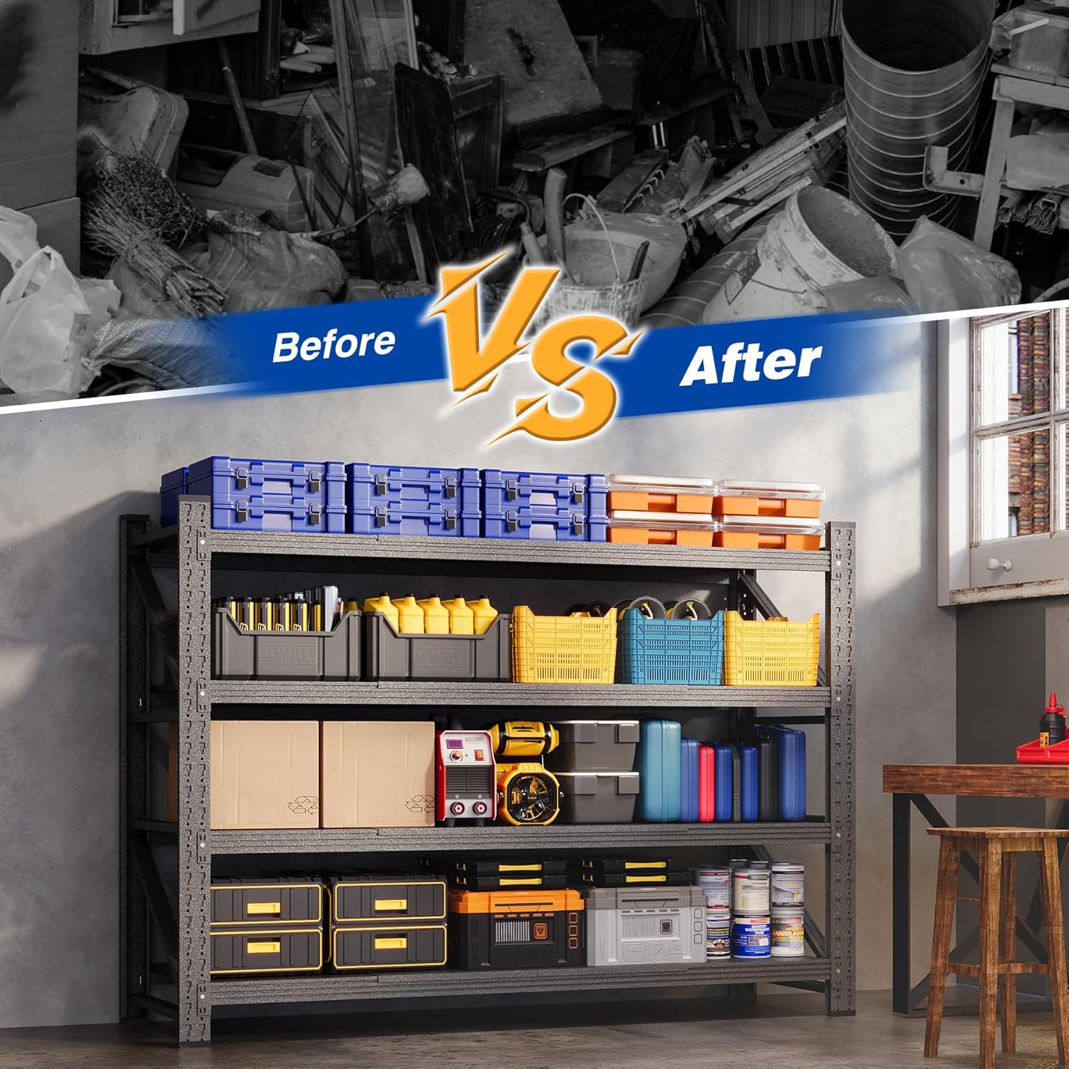 60" W Storage Shelves 5000lbs Garage Metal Shelving Heavy Duty Garage Shelves Adjustable Storage Shelves for Industrial, Factory, (60" W X 24" D X 70" H)