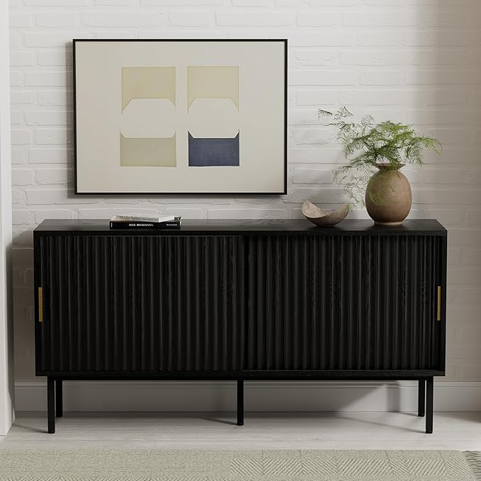 Black Fluted Tv Stand with Sliding Doors, 47" Mid Century Entertainment Center with Adjustable Shelf, Wooden Media TV Console with Storage Cabinet