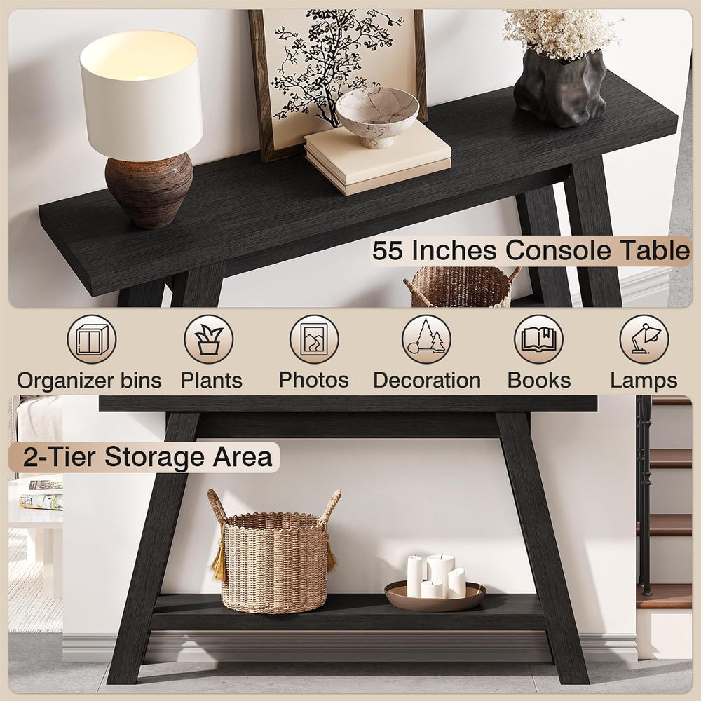 Black Console Table, 55Inch Entryway Console Tables 2-Tier Narrow Wood Consol...