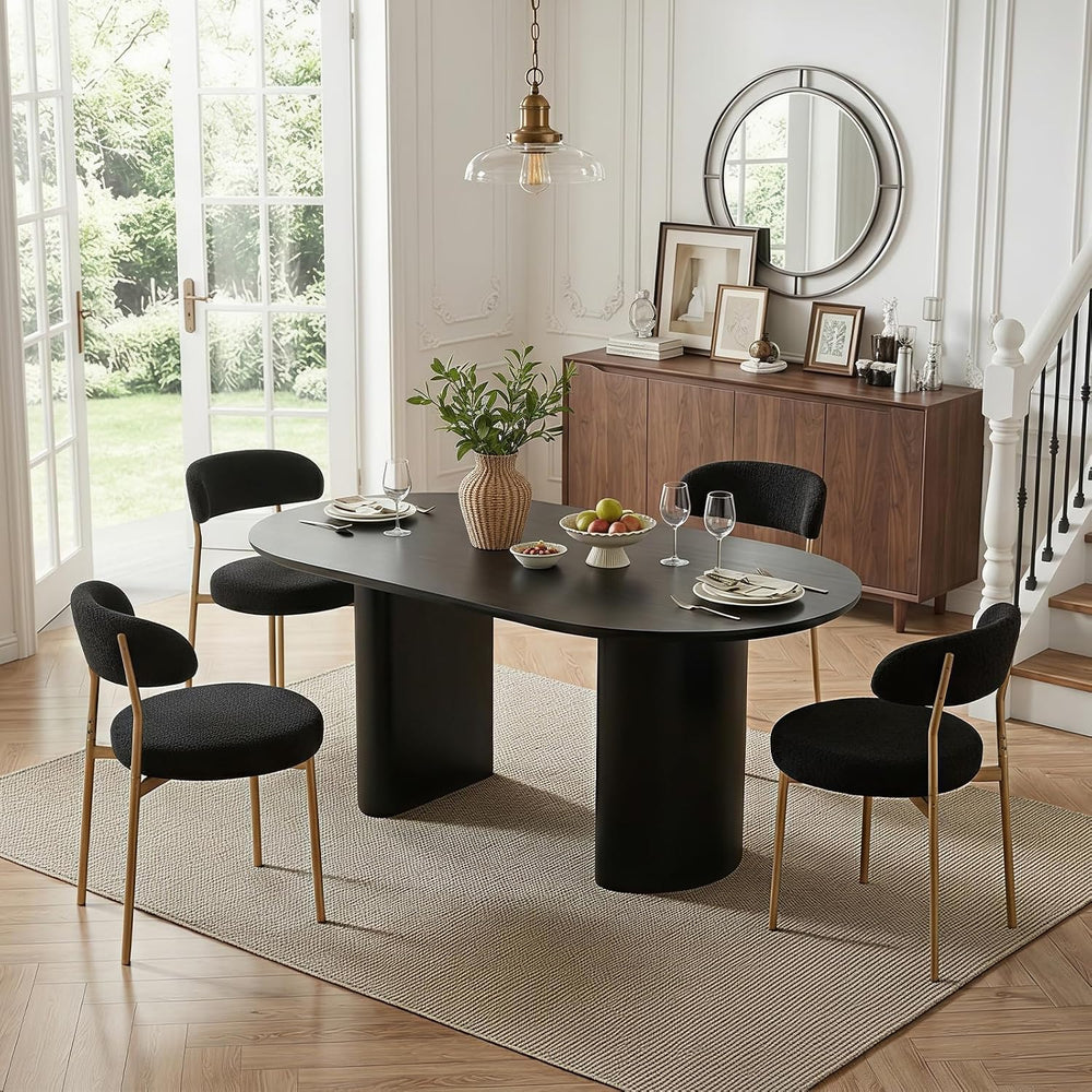 Black Boucle Dining Chair Set of 4, Modern Oval Upholstered Dining Chairs wit...
