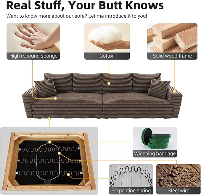 KEIKI 102.4" Sectional Couches, Modern Comfy Upholstered Sofa Cloud Couch, Deep Seat 4 Seat Sofa Set with Soft Pillows and Movable Ottoman for Living Room, Apartment, Office, Camel