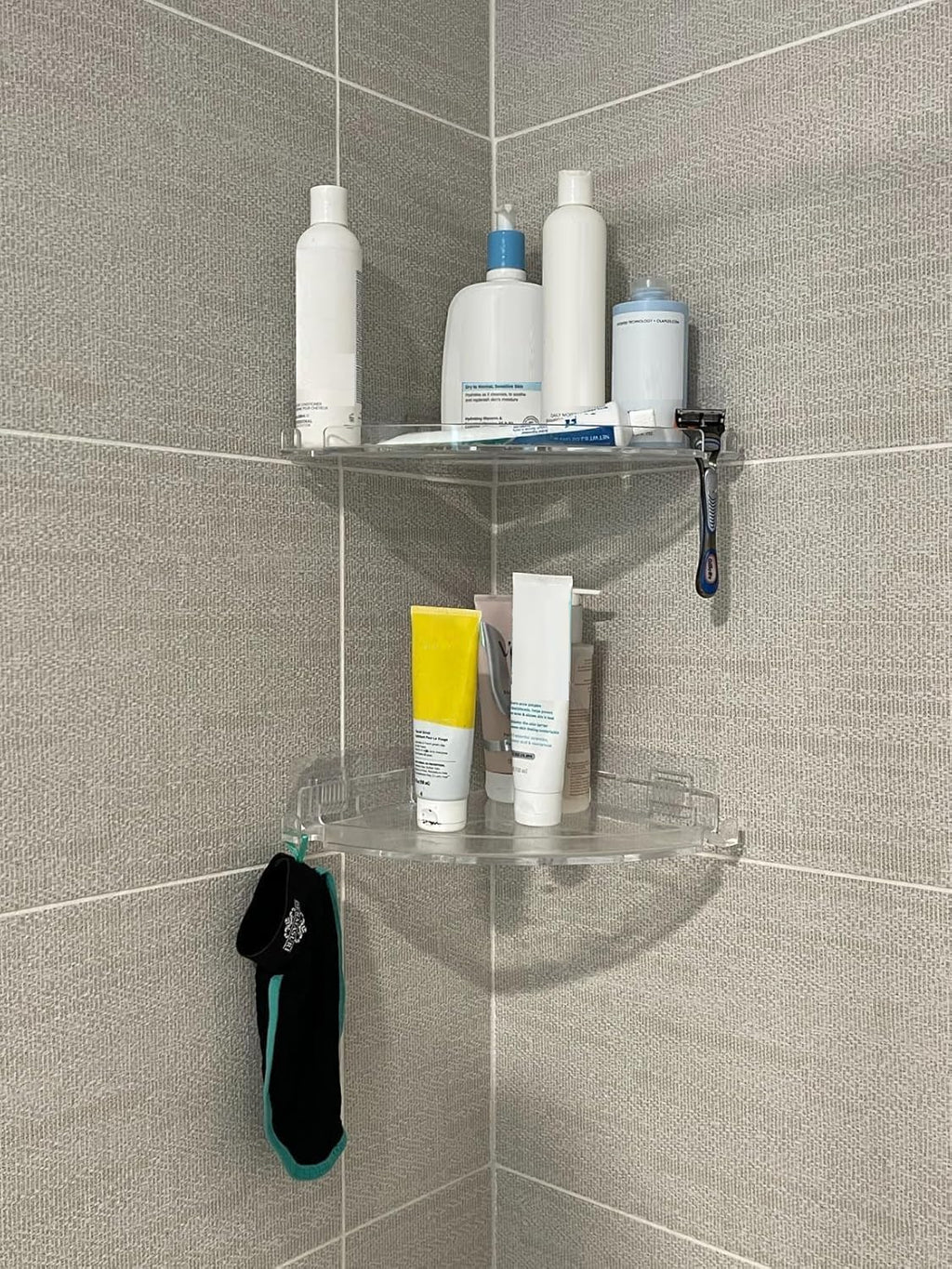 JiePai Acrylic Corner Shower Caddy Shelf with Hooks 2 Pack, Adhesive Wall Mounted Bathroom Shower Organizer for Inside Shower & Kitchen Storage, Space-Saving Design