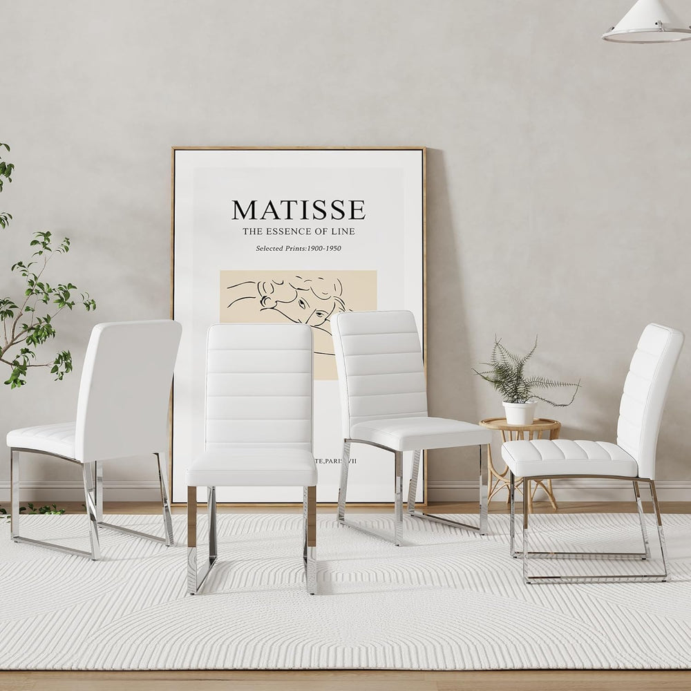 Modern Dining Chairs Set of 4, White Faux Leather Kitchen Chairs, Upholstered...