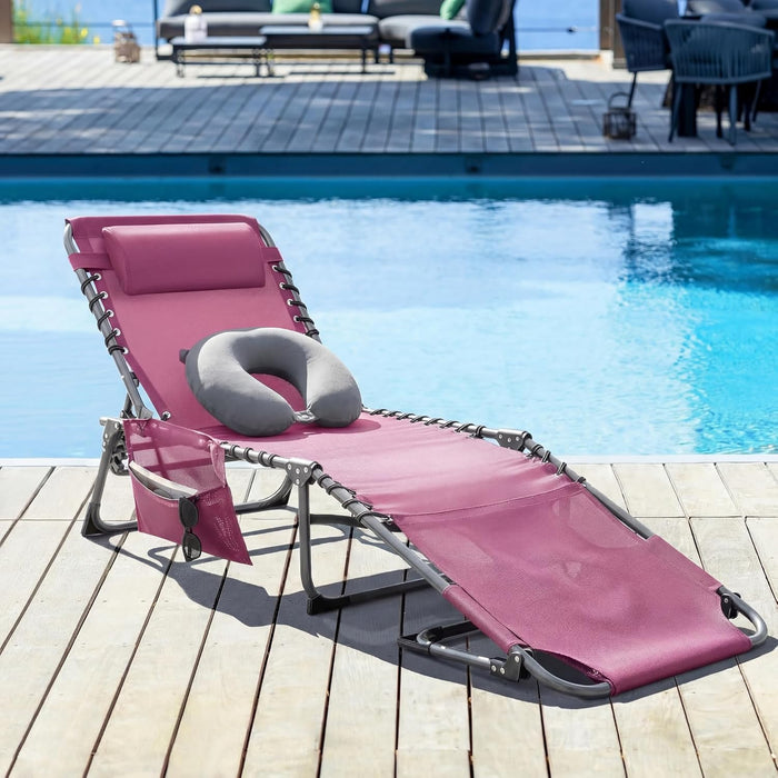 Devoko Beach Lounge Chair, Outdoor Sun Tanning Chair with Face Hole, Heavy Duty Folding Portable Lay Chaise Lounge Chairs for Outside Beach Pool Camping Patio, Pink