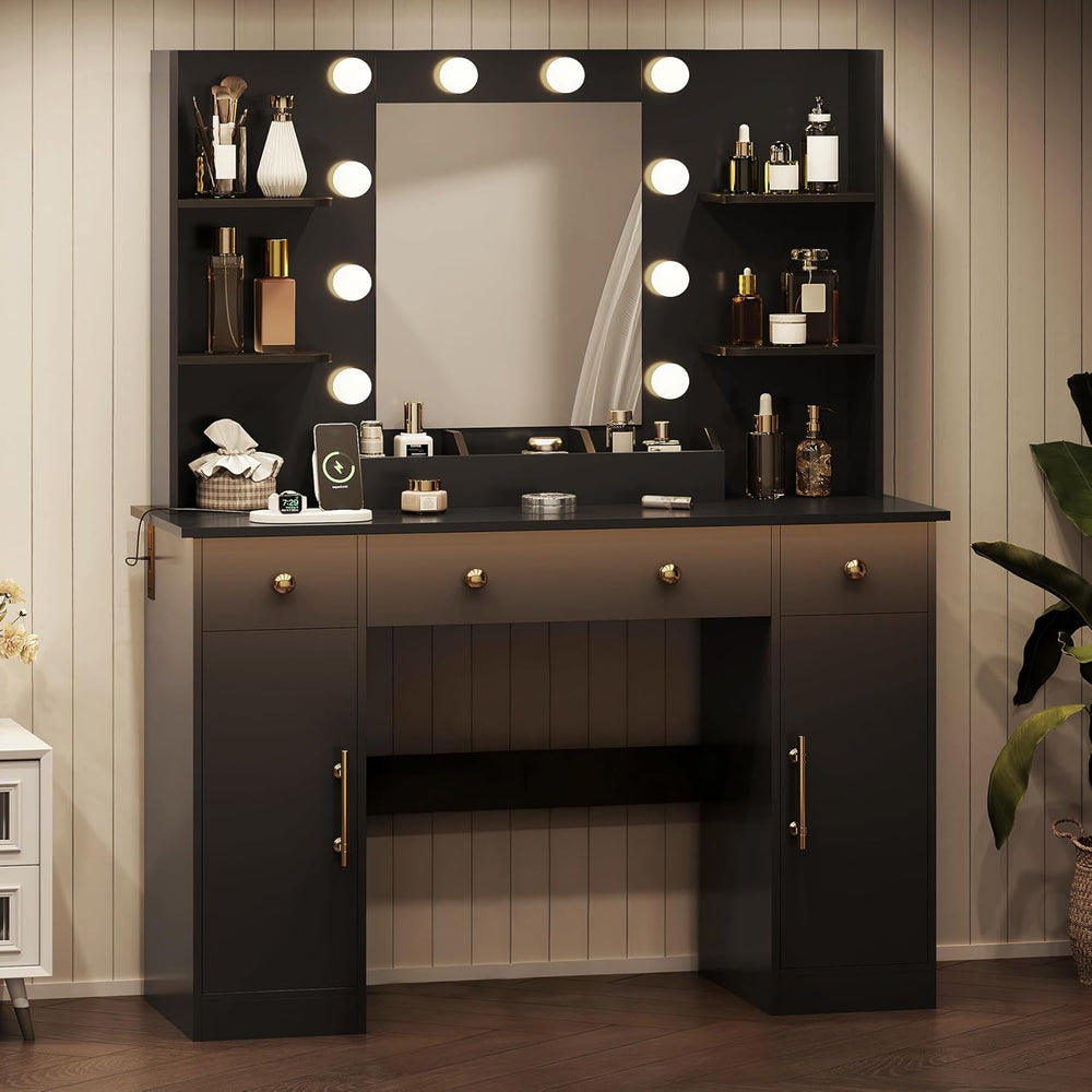 HUANLEGO Vanity Desk with Mirror and Lights, Makeup Vanity with Mirror and LE...