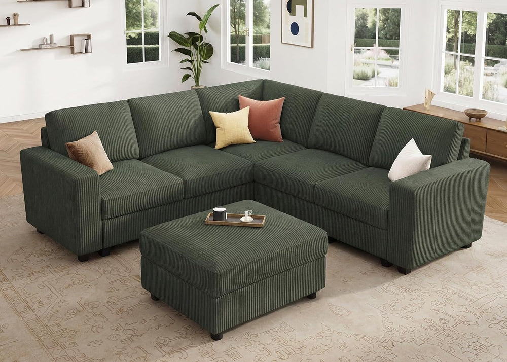 HONBAY Corduroy Sectional Sofa with Storage Ottoman, 6 Seaters L Shaped Small...
