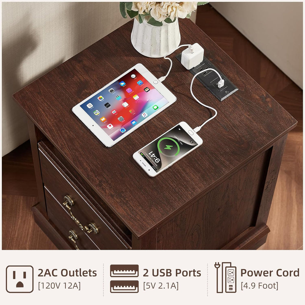 Farmhouse Night Stand with Charging Station, Walnut | 2 Drawers End Tables Be...