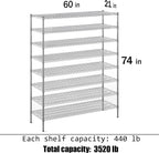 21" Deep x 60" Wide x 74" Height Wire Shelving Kit | 8-Tier | NSF Commercial Storage Rack Unit