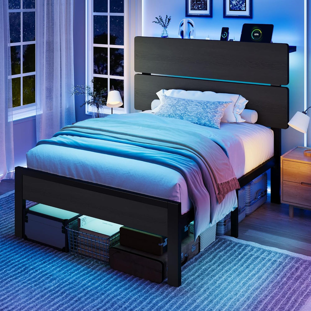 SHA CERLIN Twin Size Bed Frame, Led Light, Charging Station, Storage Shelf