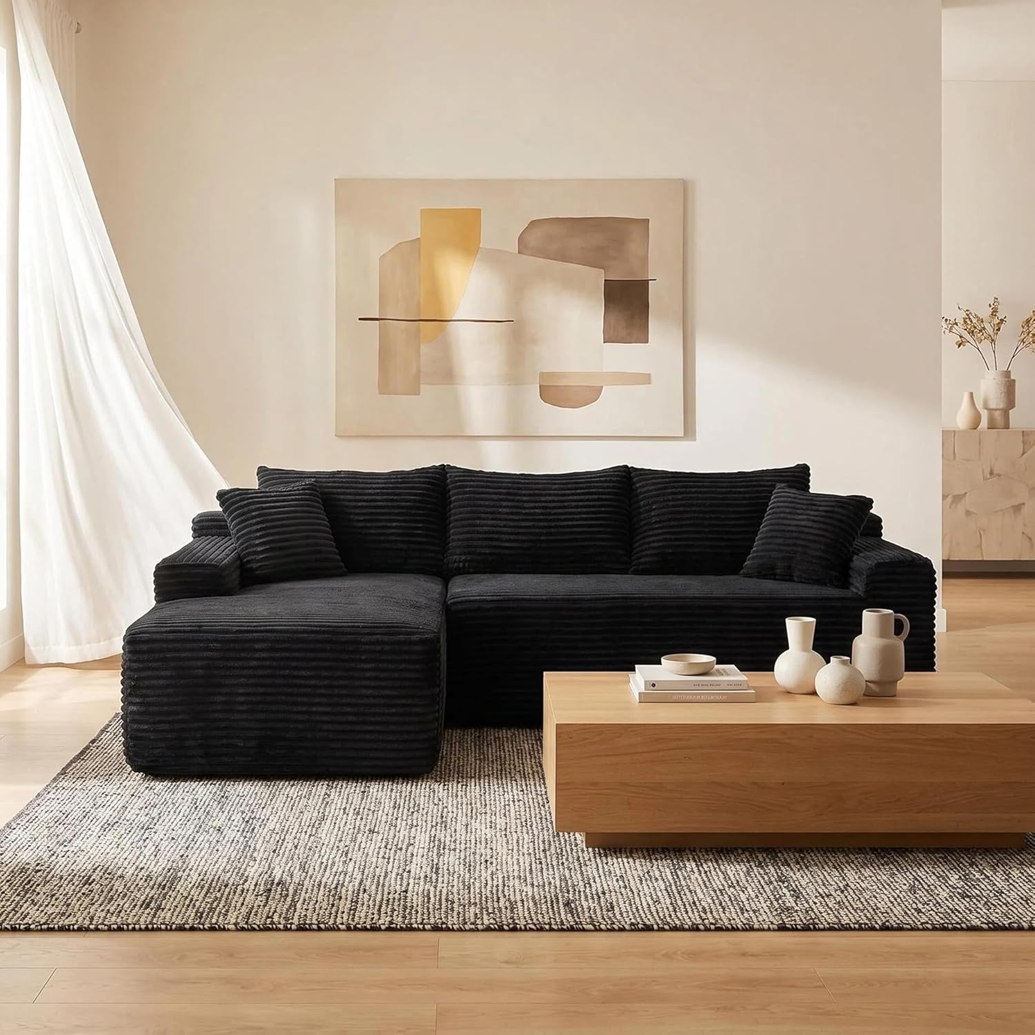 95" L-Shaped Cloud Sectional Couch, Left Facing Modular Compressed Boneless Sectional Sofa with Chaise Lounge, Plush Corduroy Boneless Corner Sofa for Living Room