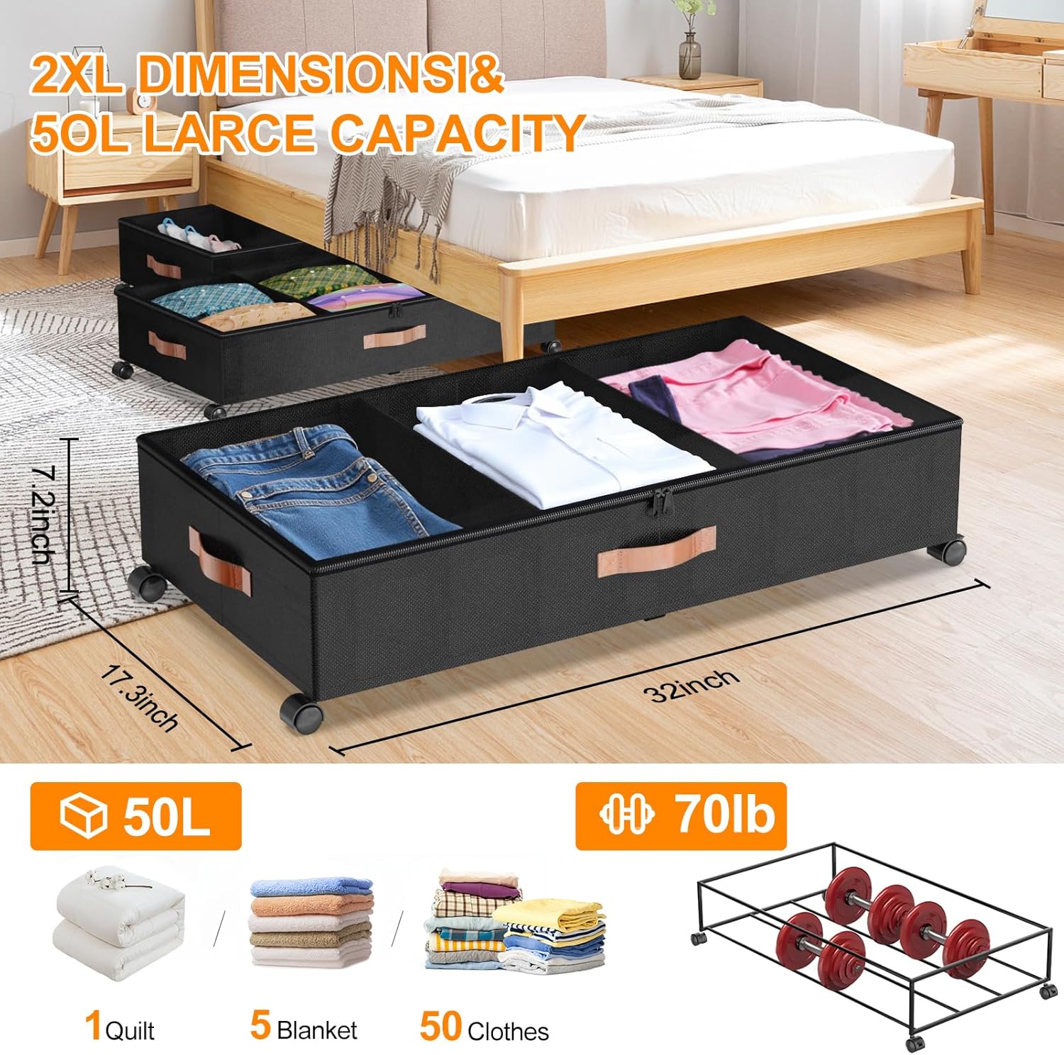 Under Bed Storage with Wheels, 4 Pack Under Bed Storage Container with Dividers & Clear Lids, Under the bed storage Organizer Bins,Underbed Storage with Wheels for Clothes,Toys,Shoes (Black)