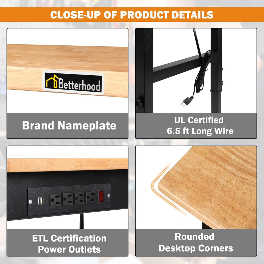 Betterhood Adjustable Height Workbench, 48" Rubber Wood Top Heavy Duty Workstation with Power Outlets, 2000 LBS Load Capacity Hardwood Worktable for Workshop, Garage, Office, Home, Commercial